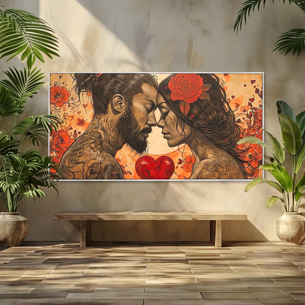 Tablou canvas cu tablou canvas cu un cuplu cu tatuaje si trandafir rosu, in rama de aluminiu argintiu